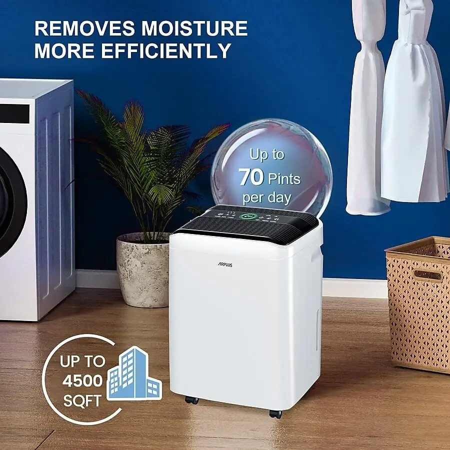AIRPLUS 50 Pints Dehumidifier for Basement & Home, 5500 Sq. Ft Large Room Dehumidifier with Continuous Drainage Hose & Intelligent Humidistat for Bathroom, Bedroom