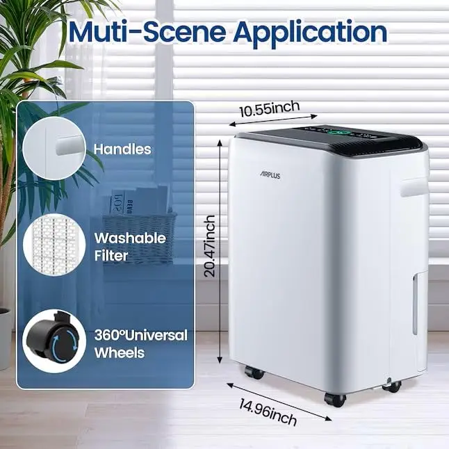 AIRPLUS 50 Pints Dehumidifier for Basement & Home, 5500 Sq. Ft Large Room Dehumidifier with Continuous Drainage Hose & Intelligent Humidistat for Bathroom, Bedroom