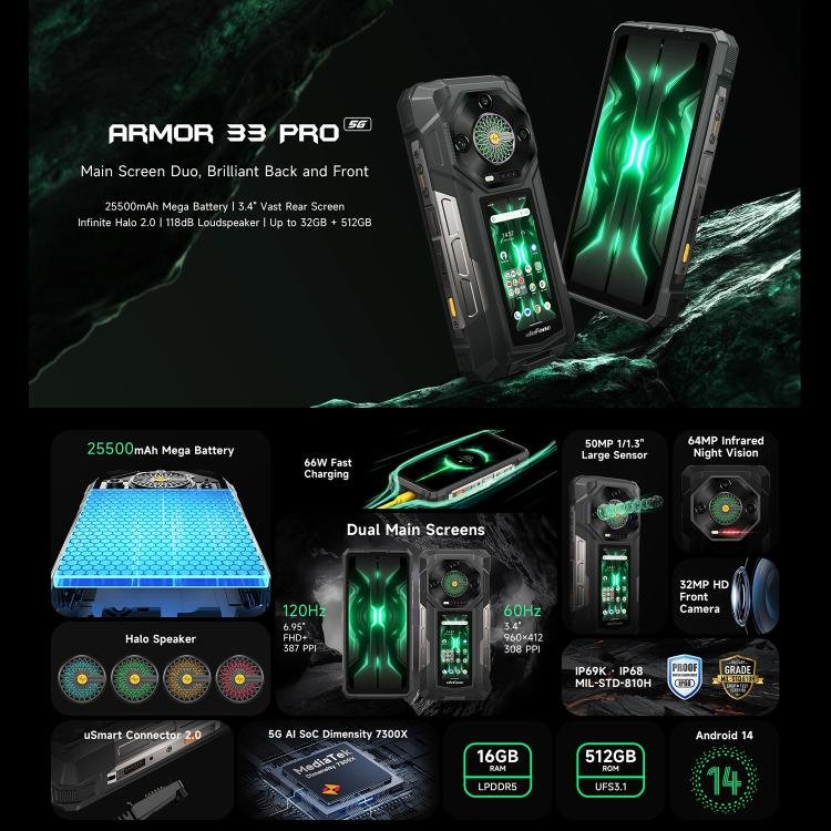 Ulefone Armor 33 Pro Rugged Phone, 16GB+512GB, Night Vision, 6.95 inch + 3.4 inch Dual Screen And...