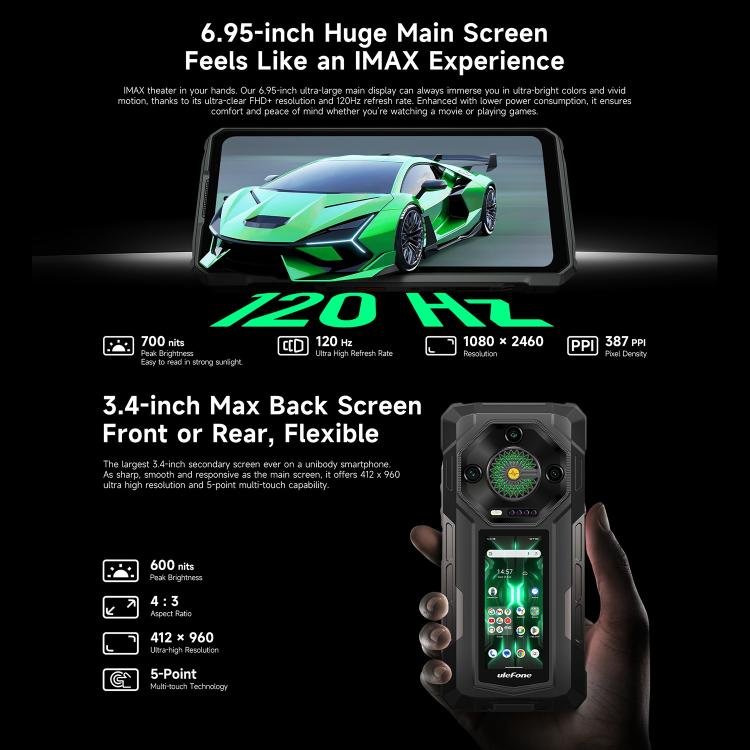 Ulefone Armor 33 Pro Rugged Phone, 16GB+512GB, Night Vision, 6.95 inch + 3.4 inch Dual Screen And...
