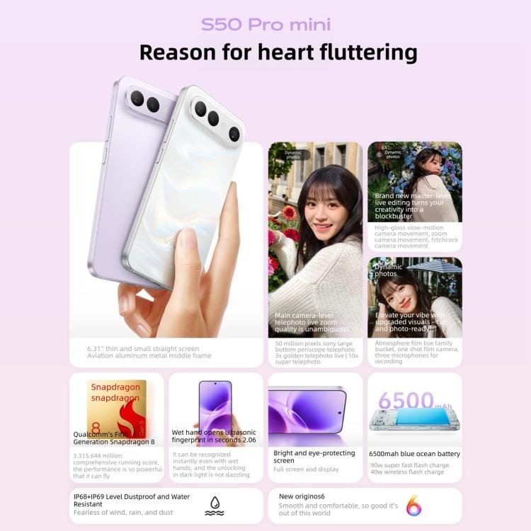 vivo S50 Pro mini, 12GB+512GB, 3D Fingerprint, 6.31 inch Android 16 OriginOS 6 Snapdragon 8 Gen 5...