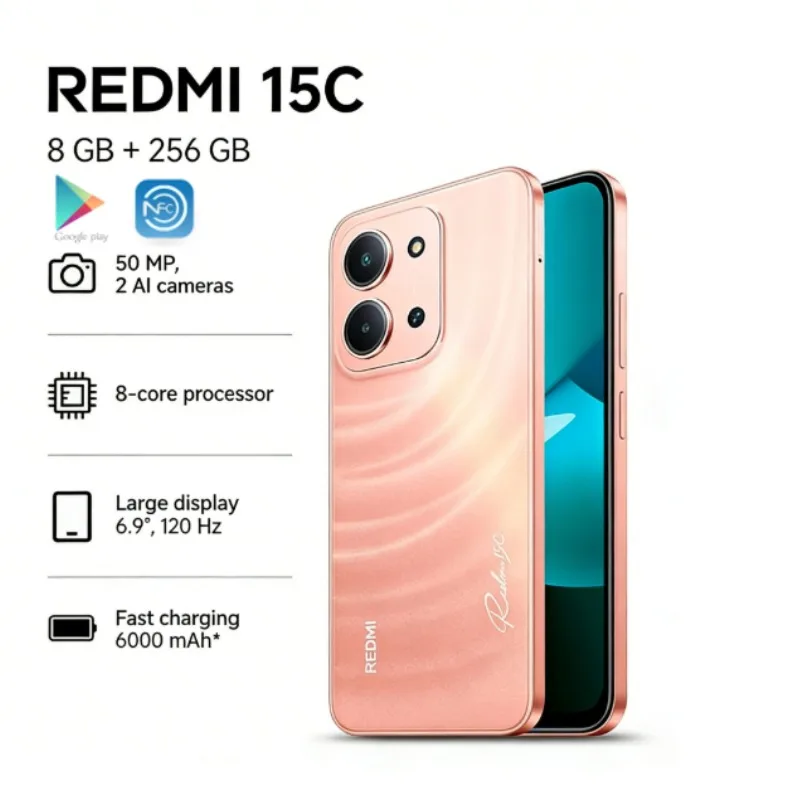 REDMI 15C Global Edition Redmi 15C 5G 8+256GB Smartphone: Ultra-slim 6000mAh smartphone with long battery life 2026 new REDMI 15C Global Edition Redmi 15C 5G 8+256GB Smartphone: Ultra-slim 6000mAh smartphone with long battery life 2026 new