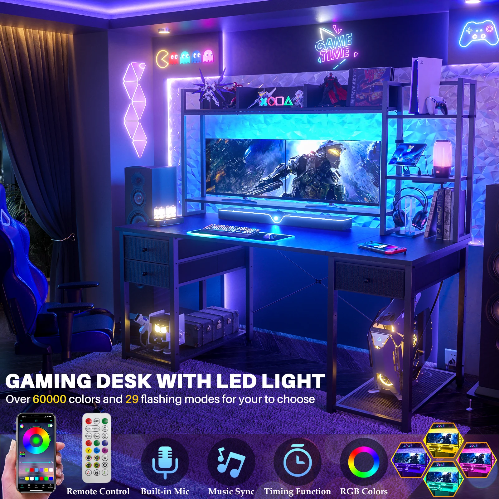 Aheaplus 55" Computer Desk with Hutch & Storage Bookshelf, Reversible Gaming Desk with LED Lights & Power Outlets, Large Workstation Desk with 3 Fabric Drawers & CPU Stand – Black
