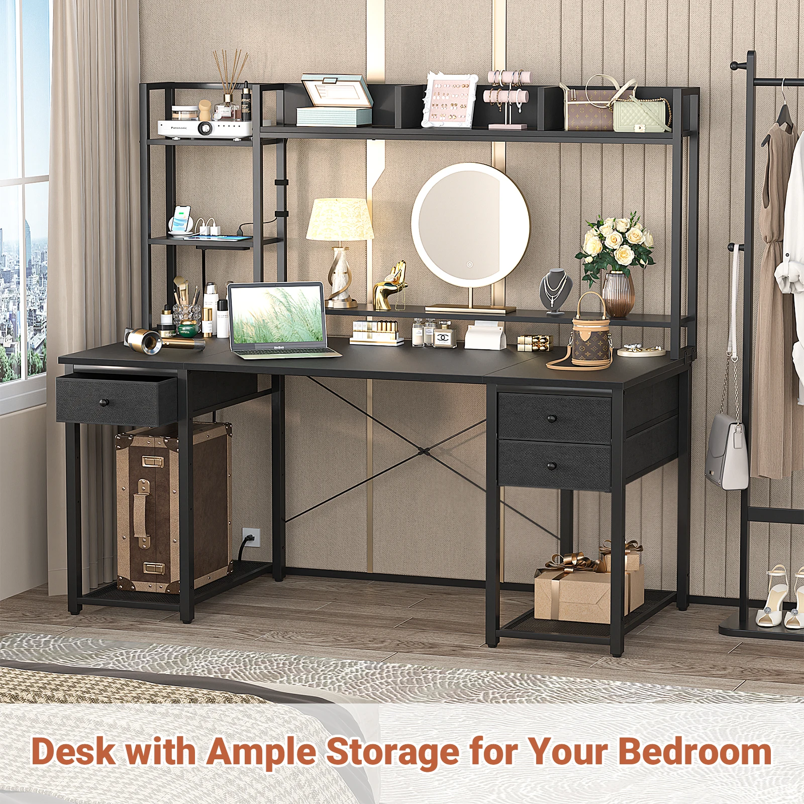 Aheaplus 55" Computer Desk with Hutch & Storage Bookshelf, Reversible Gaming Desk with LED Lights & Power Outlets, Large Workstation Desk with 3 Fabric Drawers & CPU Stand – Black