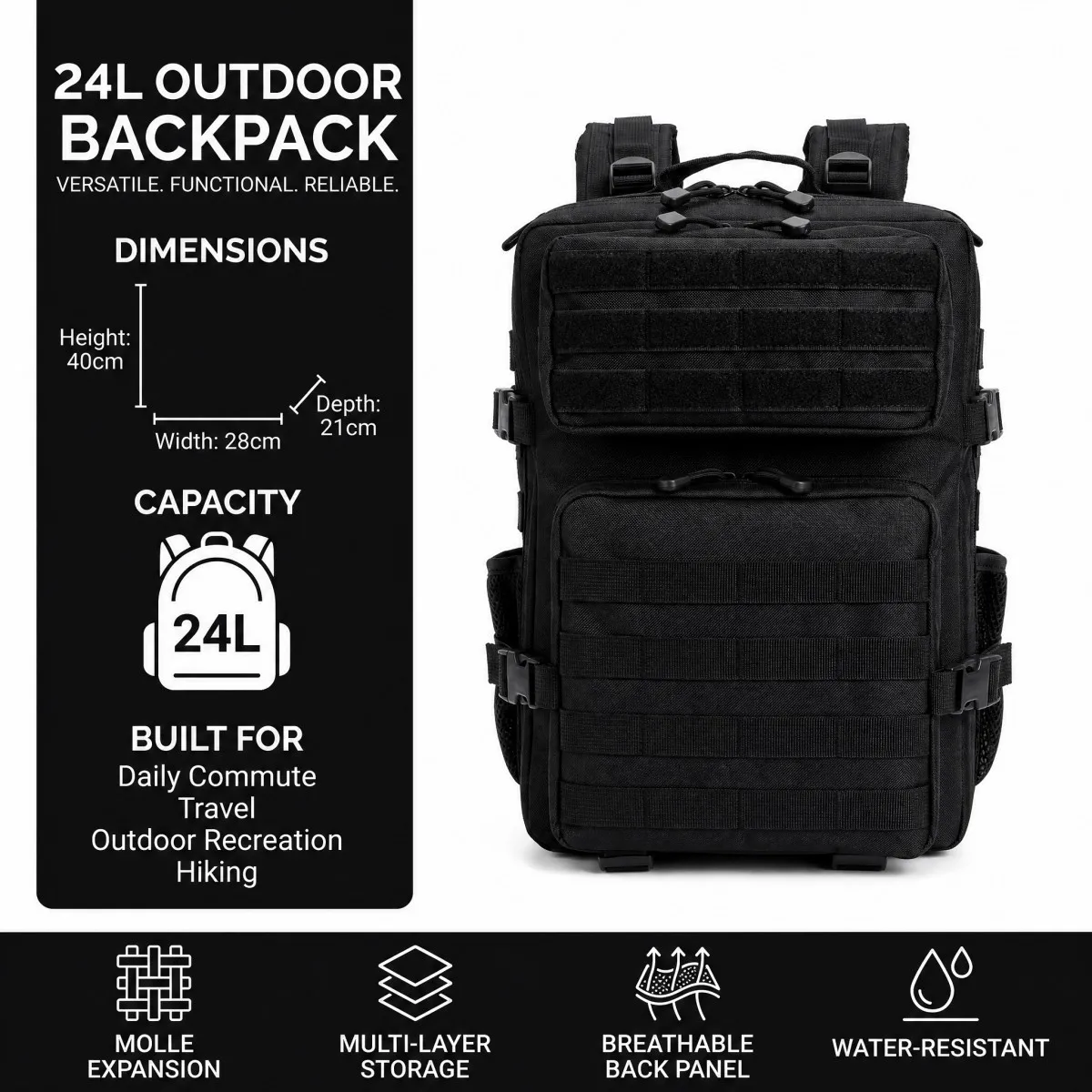 24L Tactical Backpack for Men Women Molle Modular System Backpack Durable Outdoor Backpack for Camping Hiking Trekking Fishing Hunting Cycling Travel Daily Commute Sports Gear Storage Daypack