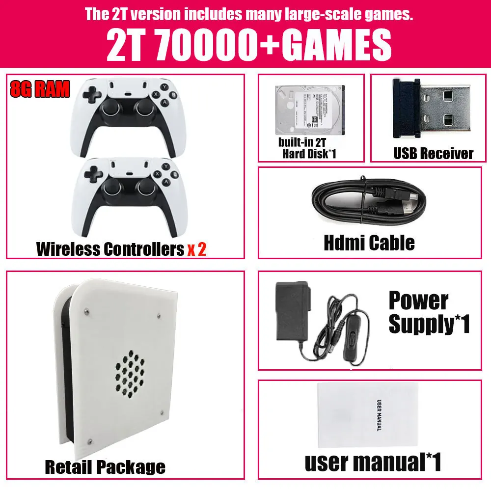 Wireless handle 8G RAM Retro Game Console 2T ROM M15 Batocera I3-3110M  70000+Games For Wii PS2 PSP NGC N64 Windows11 Play On TV