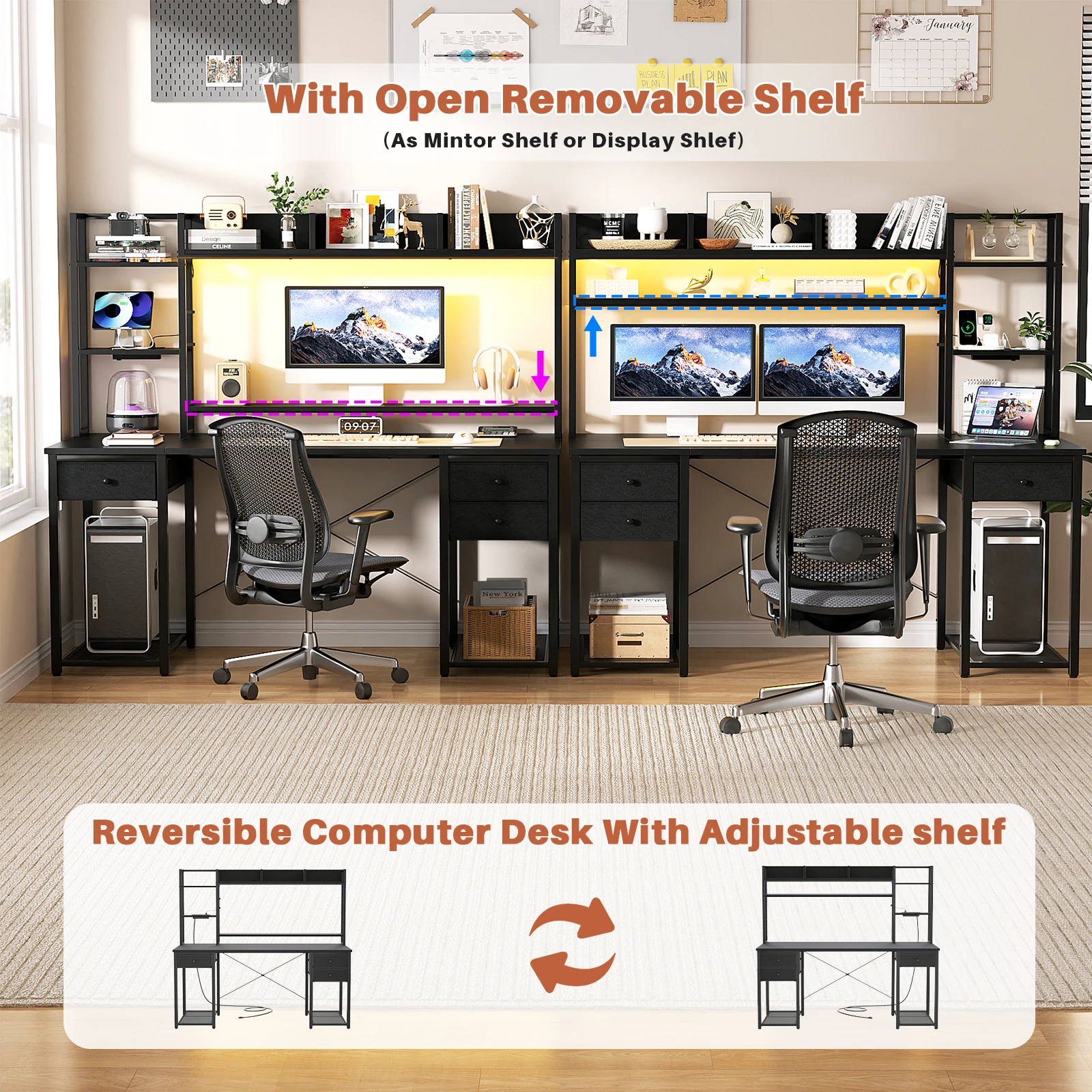 Aheaplus 55" Computer Desk with Hutch & Storage Bookshelf, Reversible Gaming Desk with LED Lights & Power Outlets, Large Workstation Desk with 3 Fabric Drawers & CPU Stand – Black