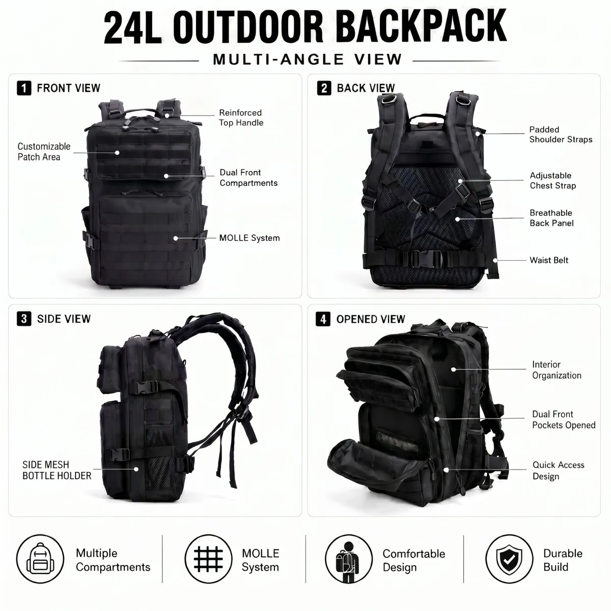 24L Tactical Backpack for Men Women Molle Modular System Backpack Durable Outdoor Backpack for Camping Hiking Trekking Fishing Hunting Cycling Travel Daily Commute Sports Gear Storage Daypack