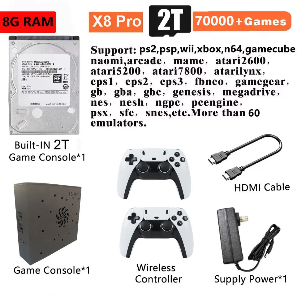 Plug-and-Play NEW Retro Gaming Device 70000+ Games for Wii PS2 DC PSP GAMECUBE 2T Loaded X8 Console Windows 11 Children's Gift
