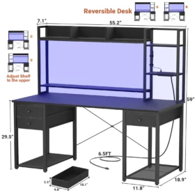 Aheaplus 55" Computer Desk with Hutch & Storage Bookshelf, Reversible Gaming Desk with LED Lights & Power Outlets, Large Workstation Desk with 3 Fabric Drawers & CPU Stand – Black