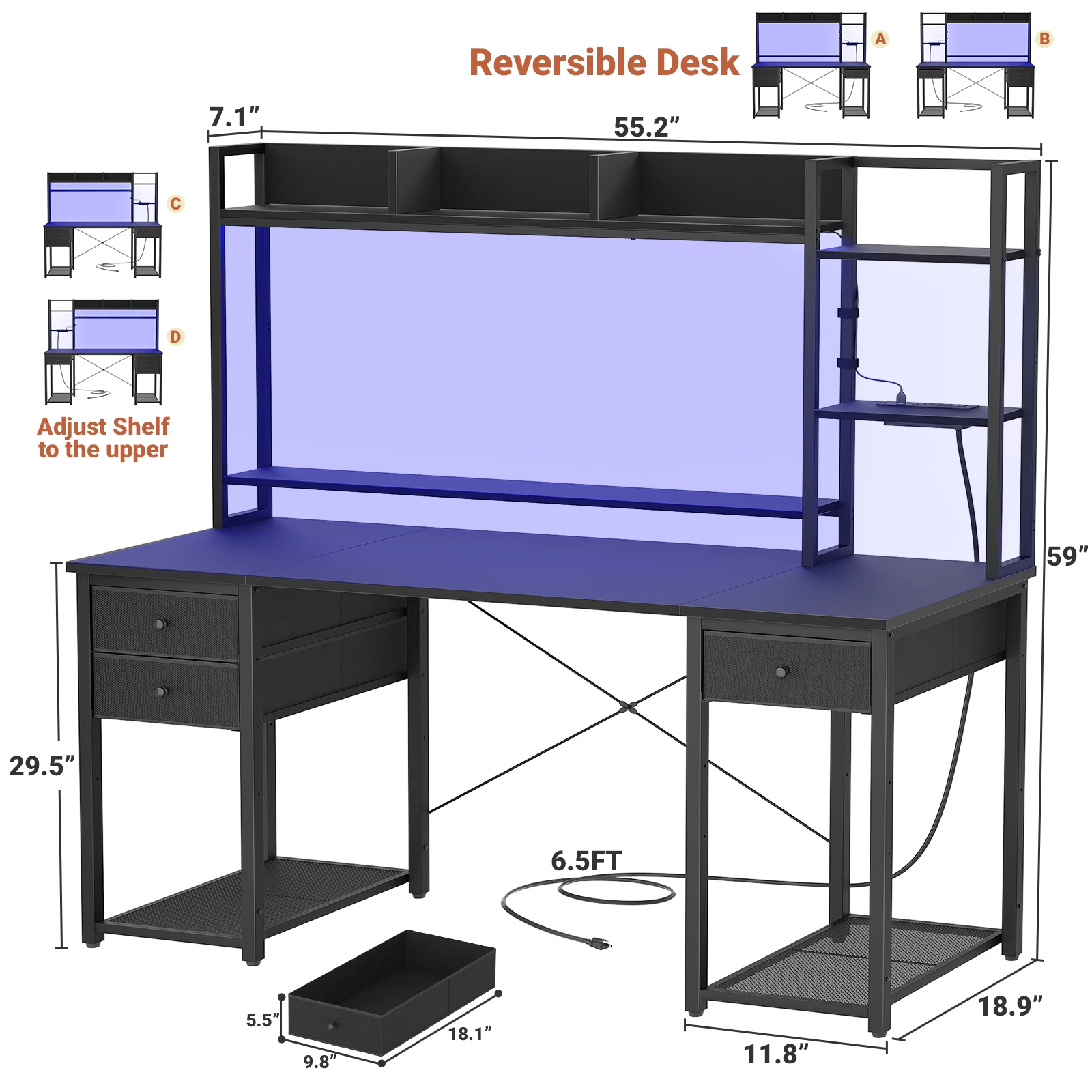 Aheaplus 55" Computer Desk with Hutch & Storage Bookshelf, Reversible Gaming Desk with LED Lights & Power Outlets, Large Workstation Desk with 3 Fabric Drawers & CPU Stand – Black