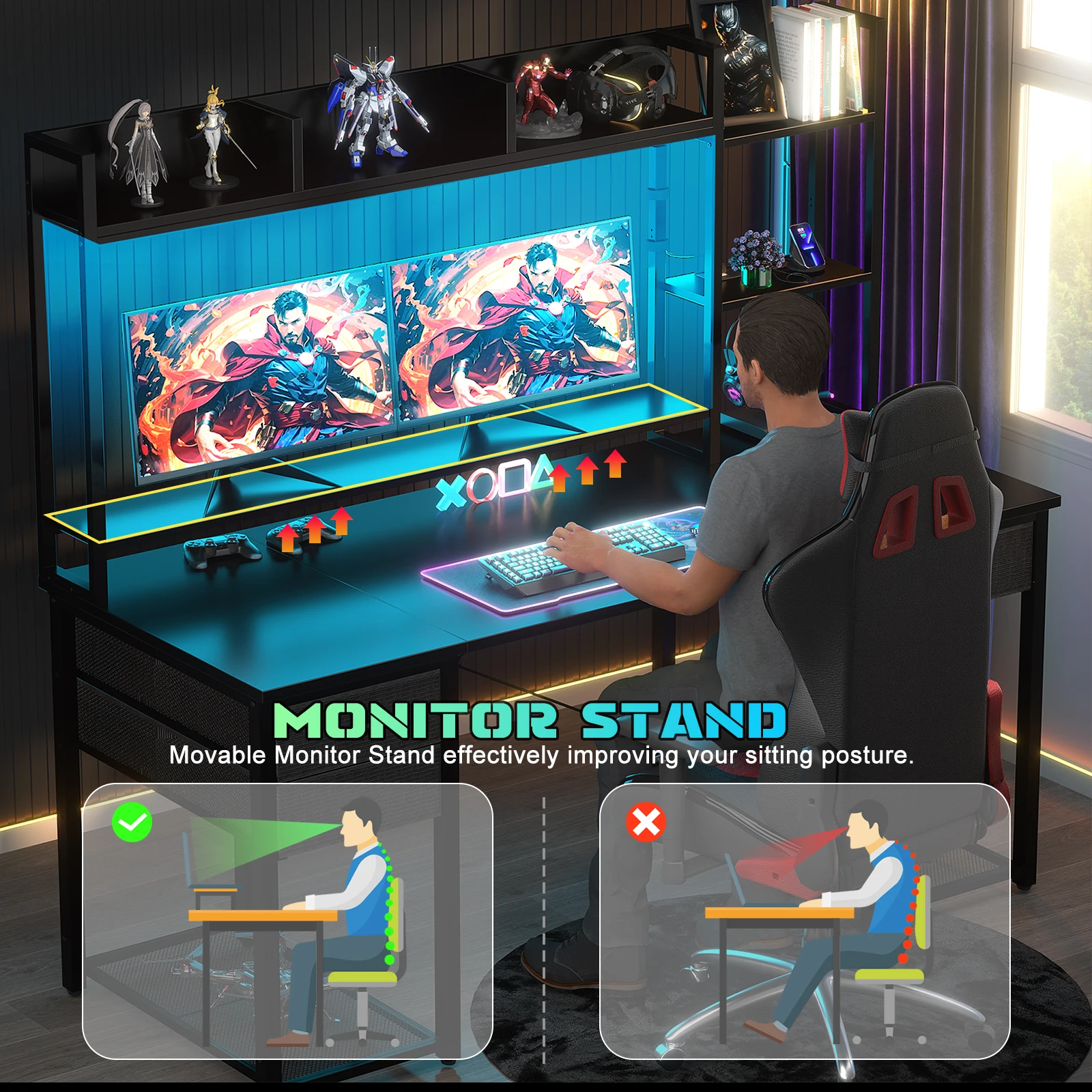 Aheaplus 55" Computer Desk with Hutch & Storage Bookshelf, Reversible Gaming Desk with LED Lights & Power Outlets, Large Workstation Desk with 3 Fabric Drawers & CPU Stand – Black