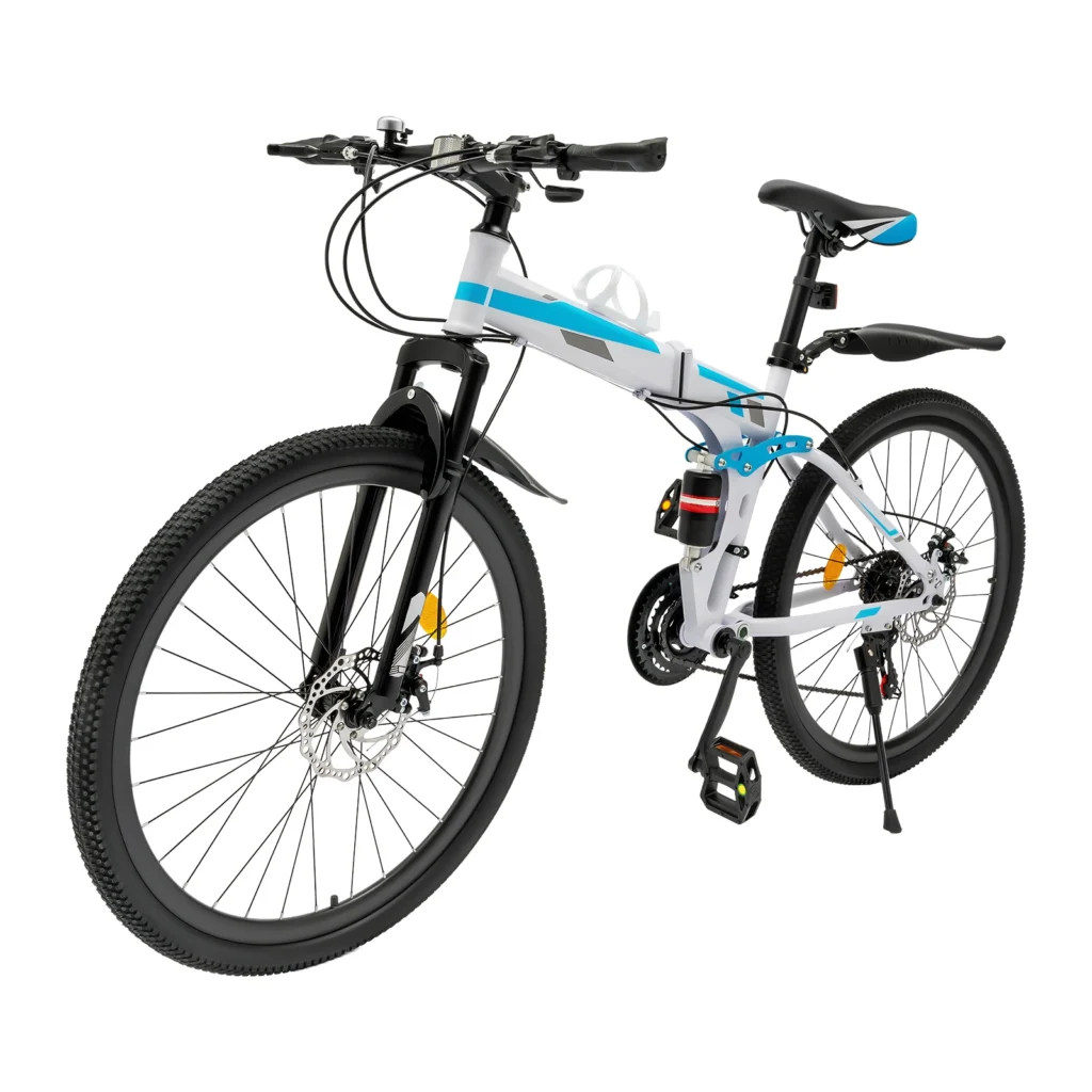 Mountain Bike, Folding Bicycle, Foldable Mountain Bike, 26 Inch 21 Speed High Carbon Steel, Double Disc Brake, Blue White, Easy Assembly, Shock Absorber, Anti-Rust Durable Frame, Outdoor Off-Road Commuter, Compact Storage, Men Women Teens