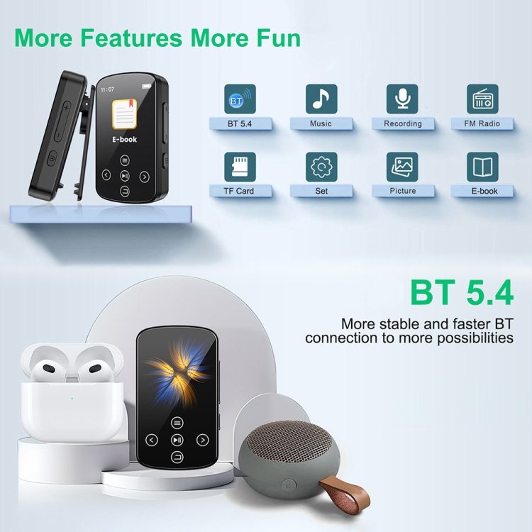 MP3 Bluetooth Music Player HIFI Sports Clip Touch Screen MP4, No TF Card, 8GB, 16GB, 32GB, 64GB...