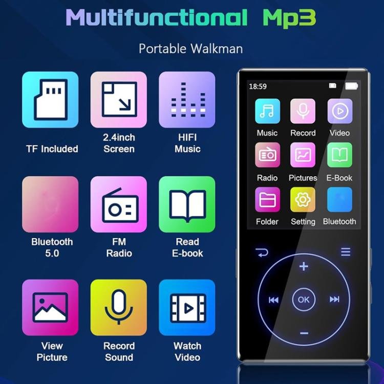 2.4 inch Colorful Screen MP3 Music Player With Bluetooth 5.0 Speaker, 4GB, 8GB, 16GB, 32GB, 64GB