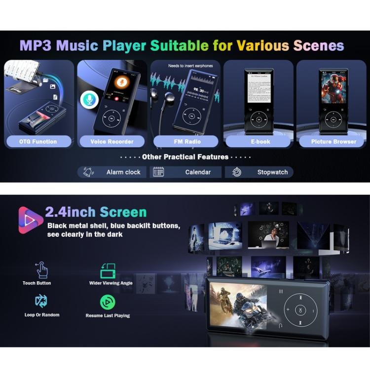 2.4 inch Colorful Screen MP3 Music Player With Bluetooth 5.0 Speaker, 4GB, 8GB, 16GB, 32GB, 64GB