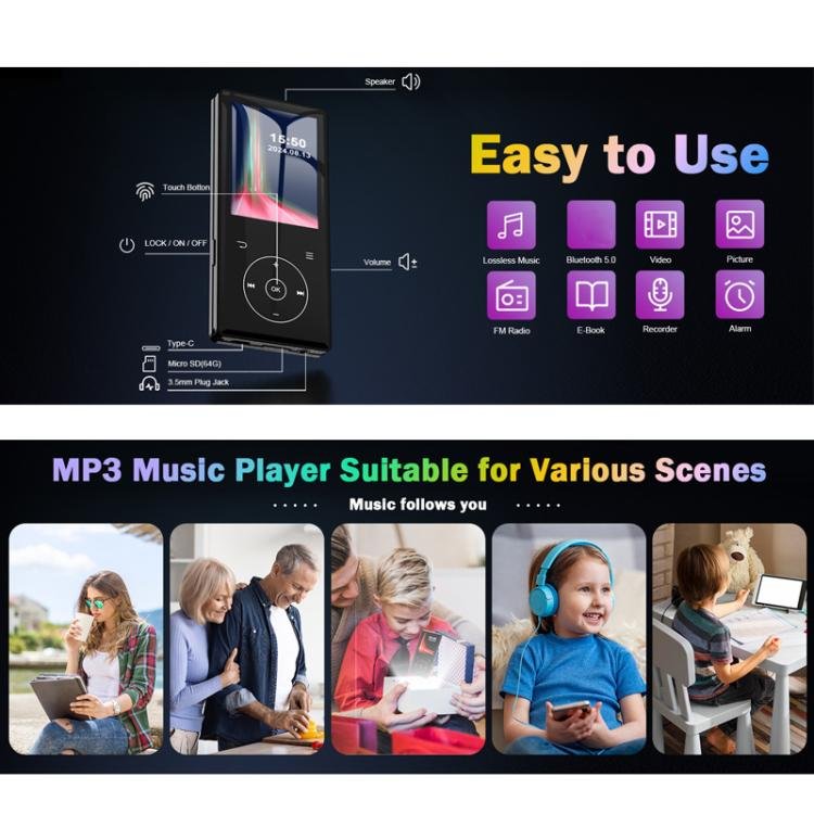 2.4 inch Colorful Screen MP3 Music Player With Bluetooth 5.0 Speaker, 4GB, 8GB, 16GB, 32GB, 64GB