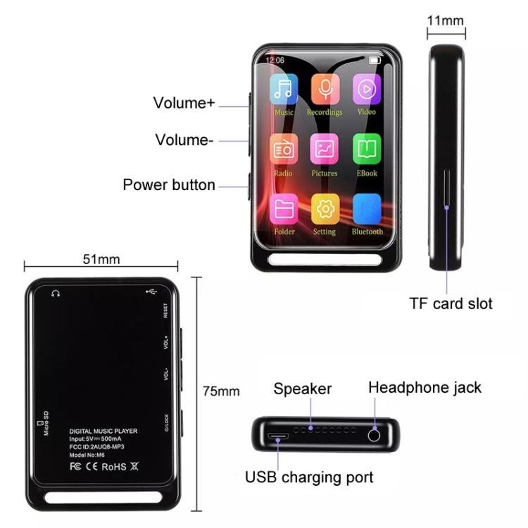 M6 Bluetooth 5.0 MP3 Portable Music Player With Speaker FM Radio E-book, 4GB, 8GB, 16GB, 32GB, 64GB