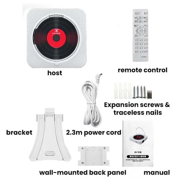 KUSTRON Home Wall-Mounted Rechargeable CD Player Bluetooth Speaker Music Player With Cover, UK Pl...