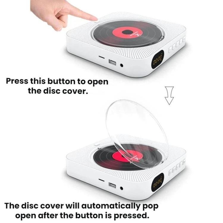 KUSTRON Home Wall-Mounted Rechargeable CD Player Bluetooth Speaker Music Player With Cover, US Pl...