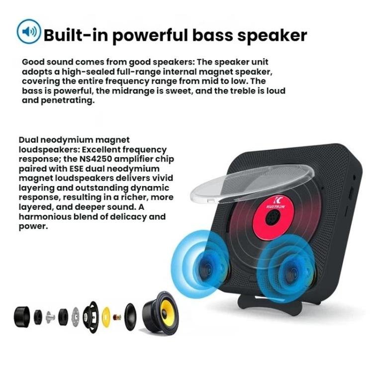 KUSTRON Home Wall-Mounted Rechargeable CD Player Bluetooth Speaker Music Player With Cover, US Pl...