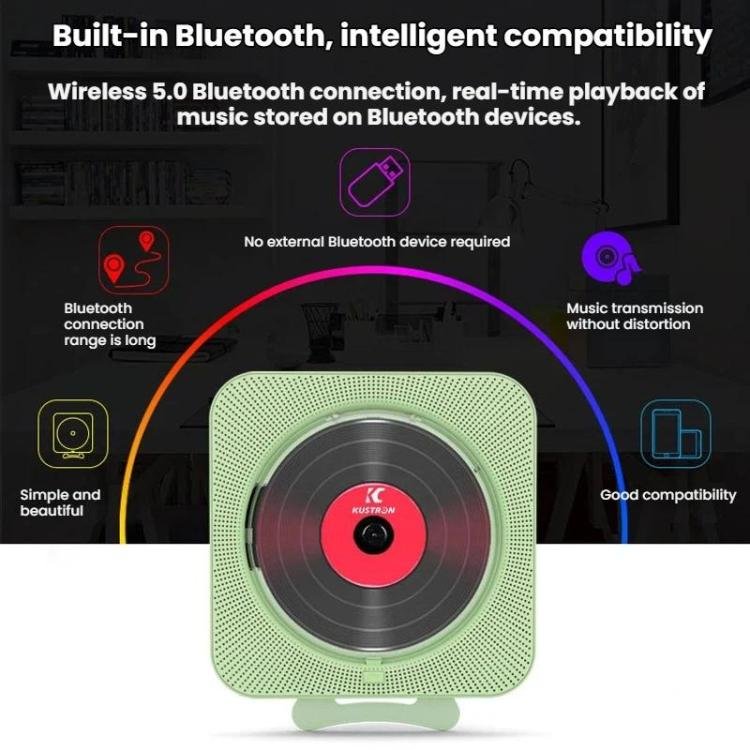 KUSTRON Home Wall-Mounted Rechargeable CD Player Bluetooth Speaker Music Player With Cover, UK Pl...