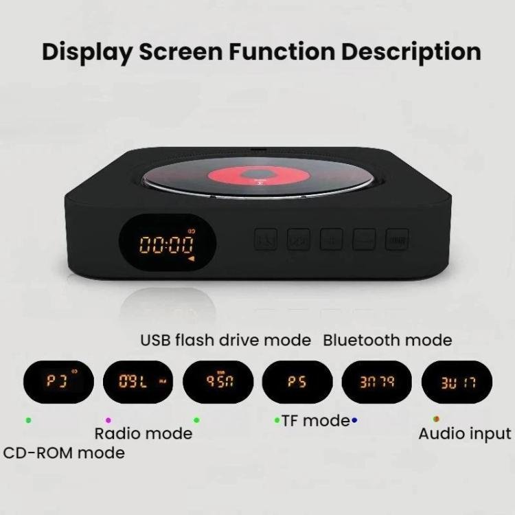 KUSTRON Home Wall-Mounted Rechargeable CD Player Bluetooth Speaker Music Player With Cover, US Pl...