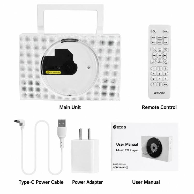 Kecag KC-606 Portable CD Player Home Bluetooth Music Player, White Plug-in, Black Plug-in...