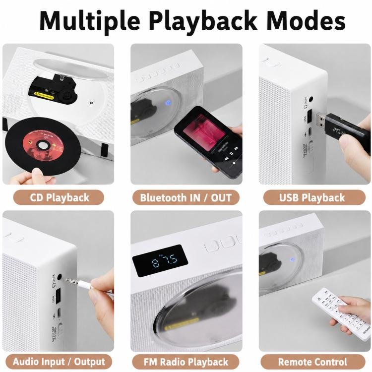Kecag KC-606 Portable CD Player Home Bluetooth Music Player, White Plug-in, Black Plug-in...