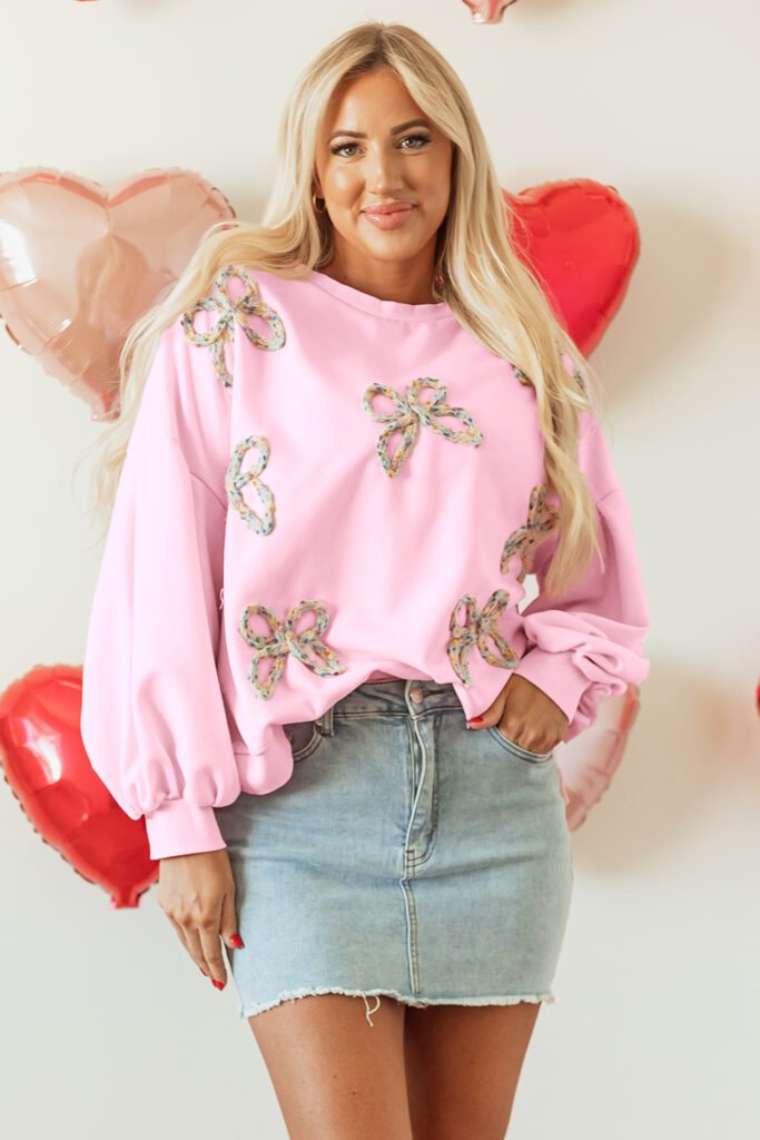 Light Pink Embroidered Bow Lantern Sleeve Oversized Pullover Sweatshirt Light Pink Embroidered Bow Lantern Sleeve Oversized Pullover Sweatshirt