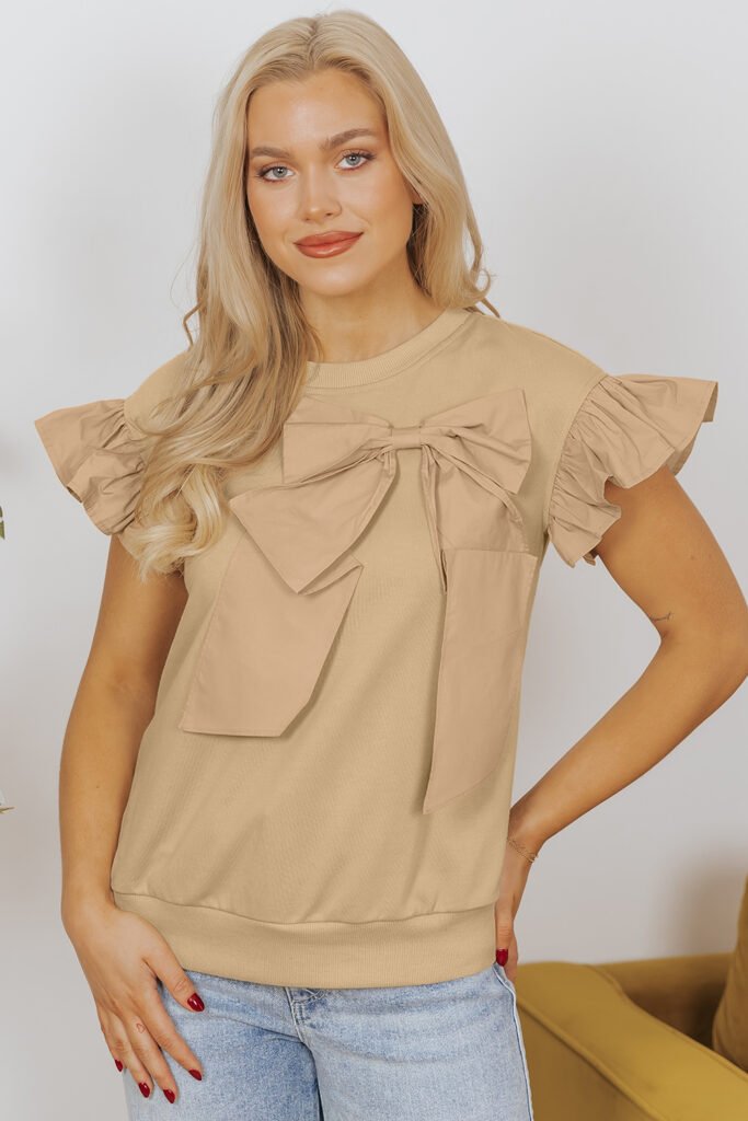 Parchment Two Tones Ribbon Bow Ruffle Sleeve Top Parchment Two Tones Ribbon Bow Ruffle Sleeve Top
