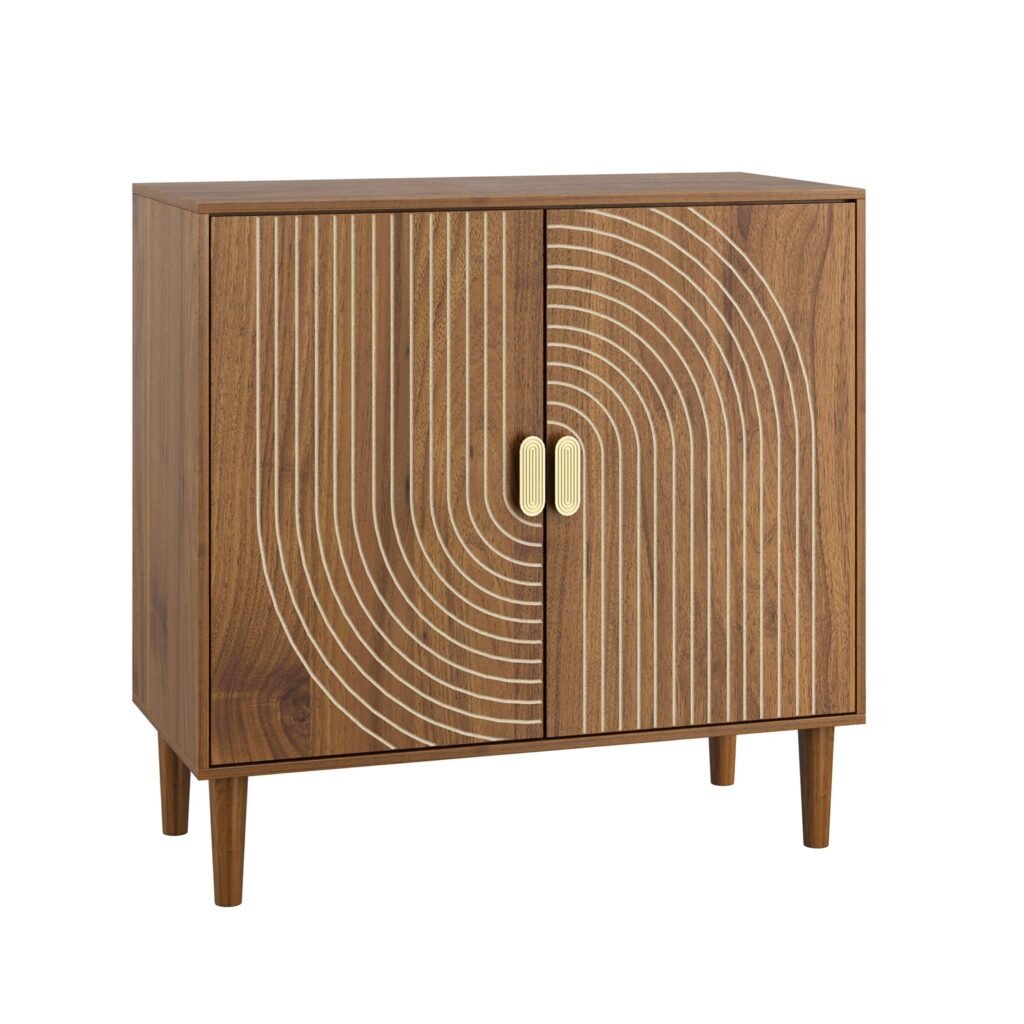 Line Groove Walnut Buffet Sideboard Cabinet, 2 Door Accent Storage Cabinet with Adjustable Shelf for Living Room Entryway Kitchen Office