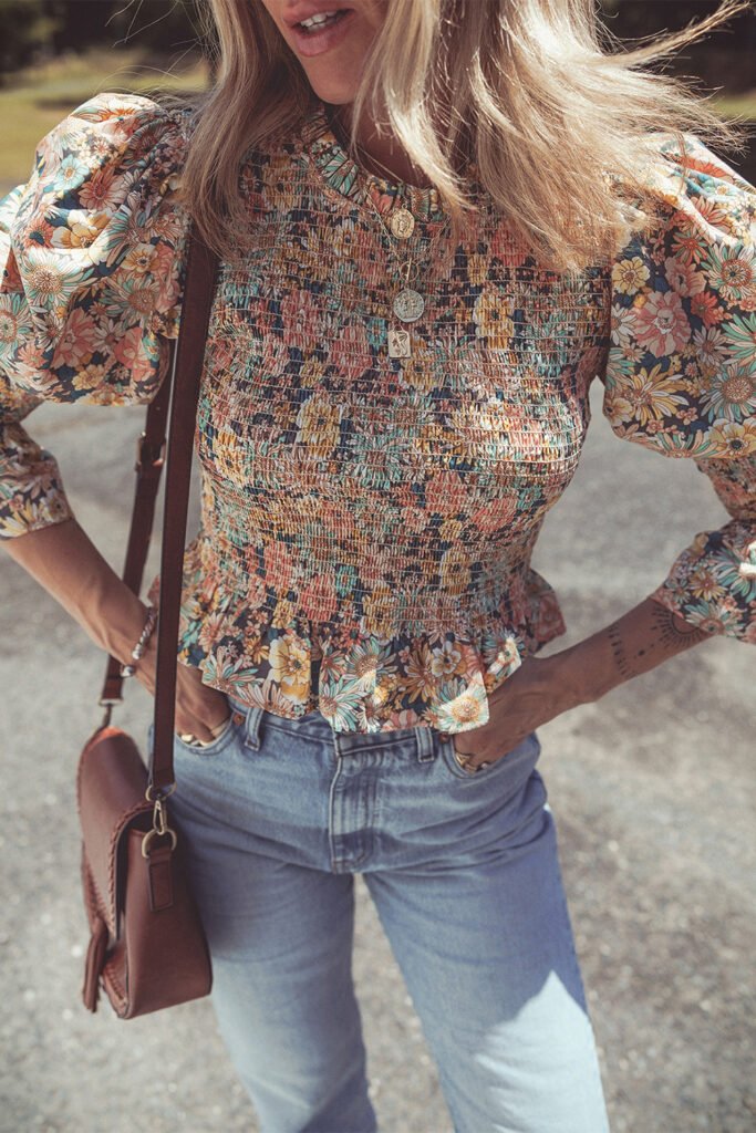 Yellow Floral Print Smocked Bubble Sleeve Ruffled Crop Top Yellow Floral Print Smocked Bubble Sleeve Ruffled Crop Top