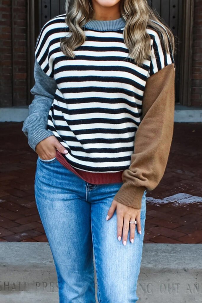 Color black Striped Panels Colorblock Sleeve Chic Sweater Color black Striped Panels Colorblock Sleeve Chic Sweater