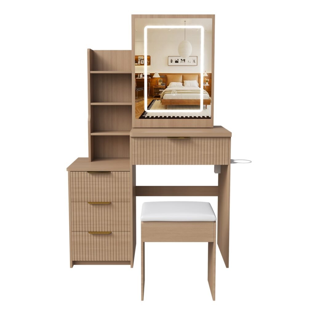 Vanity Desk Set Makeup Dressing Table with Stool, Lighted Mirror, 4 Drawers, Open Storage Shelves, Power Station Vanity Desk Set Makeup Dressing Table with Stool, Lighted Mirror, 4 Drawers, Open Storage Shelves, Power Station