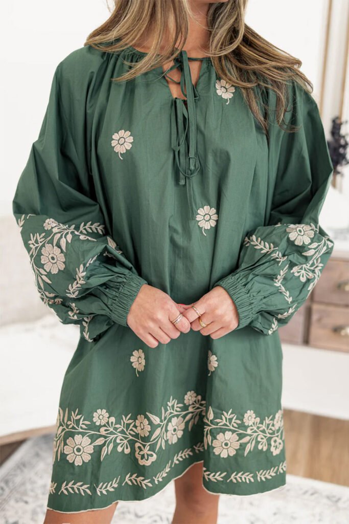 Mist Green Tie Neck Boho Floral Pattern Puff Sleeve Shift Dress Mist Green Tie Neck Boho Floral Pattern Puff Sleeve Shift Dress