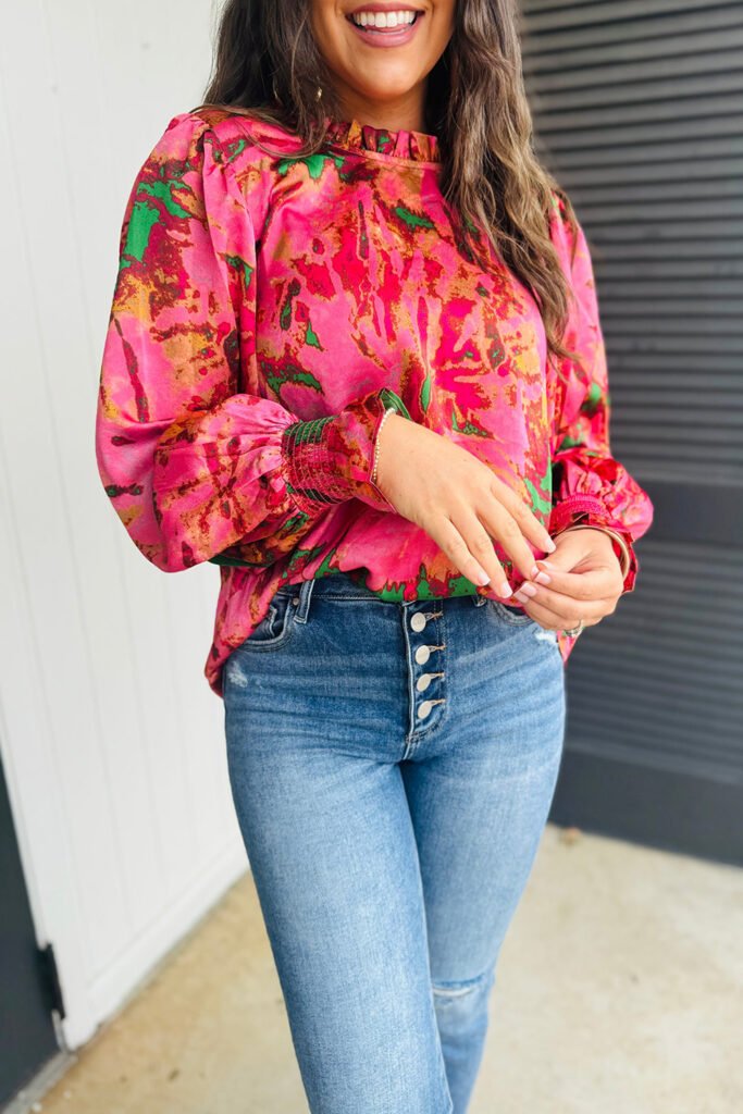 Rose Abstract Print Frilly Neckline Puff Sleeve Blouse Rose Abstract Print Frilly Neckline Puff Sleeve Blouse