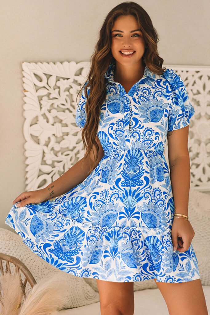 Sky Blue Retro Floral Print Drawstring Waist Ruffled Mini Dress Sky Blue Retro Floral Print Drawstring Waist Ruffled Mini Dress