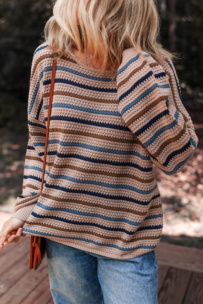 Multicolour Striped Knitted Drop Shoulder Round Neck Sweater Multicolour Striped Knitted Drop Shoulder Round Neck Sweater