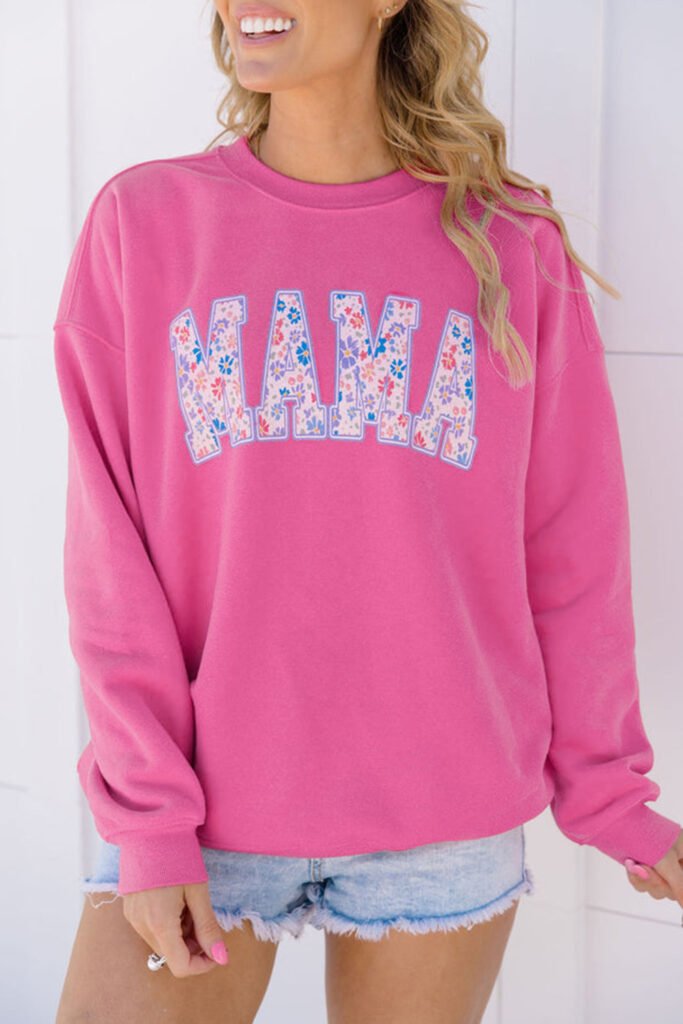 Rose Red Floral MAMA Embroidered Graphic Pullover Sweatshirt Rose Red Floral MAMA Embroidered Graphic Pullover Sweatshirt