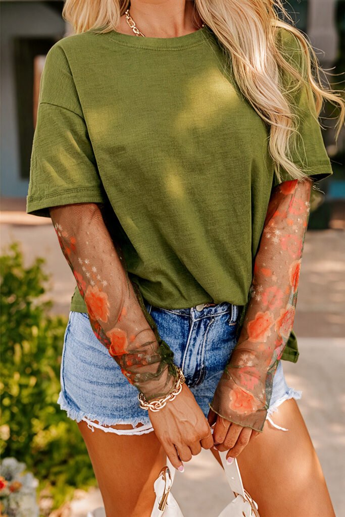 Fern Green Faux Two Piece Floral Long Sleeve Patchwork Tee Fern Green Faux Two Piece Floral Long Sleeve Patchwork Tee