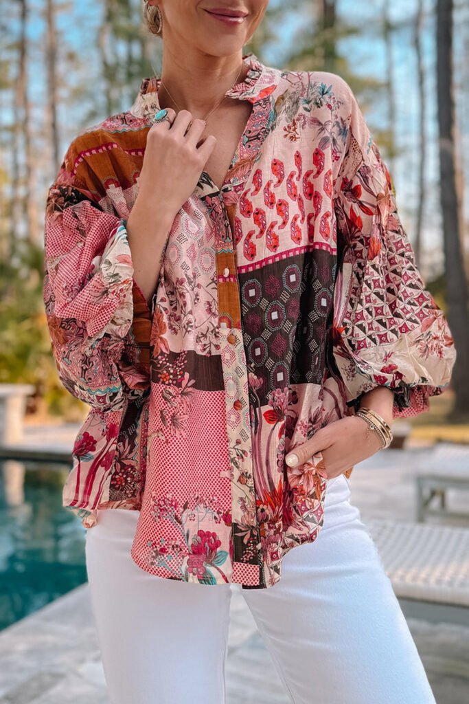 Red Boho Geometric Mixed Print Patchwork Bubble Sleeve Shirt Red Boho Geometric Mixed Print Patchwork Bubble Sleeve Shirt