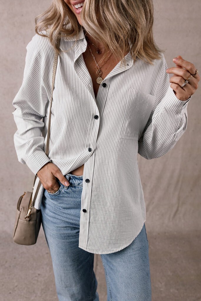 DEAR-LOVER Stripe Roll-tab Sleeve Pocketed Long Shirt DEAR-LOVER Stripe Roll-tab Sleeve Pocketed Long Shirt