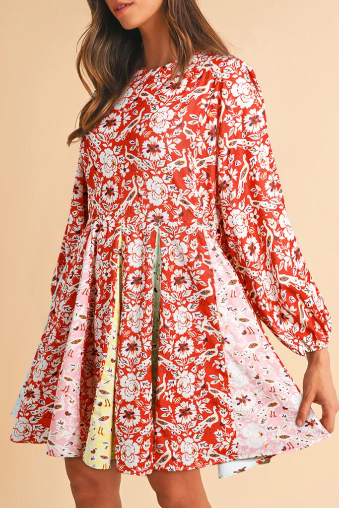 Red Colorful Floral Patchwork Long Sleeve Pleated Mini Dress Red Colorful Floral Patchwork Long Sleeve Pleated Mini Dress
