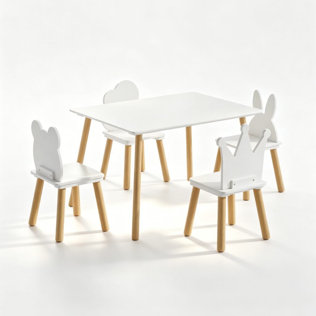 5-Piece Kids Table and Chair Set with 4 Bear Flower Bunny Crown Chairs, Activity Table Set for Eating Learning Playing, Ages 3-8