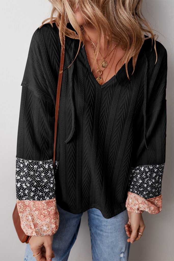 Black Floral Patchwork Textured Knit Drawstring V Neck Blouse Black Floral Patchwork Textured Knit Drawstring V Neck Blouse