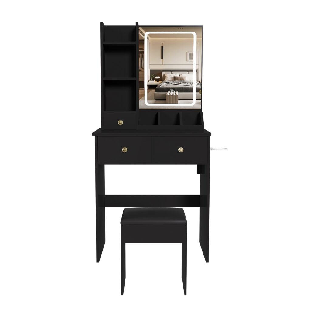 Vanity Desk Set Makeup Dressing Table with Stool, Lighted Mirror, 3 Drawers, 3 Open Shelves, 3 Open Cubbies, Power Station Vanity Desk Set Makeup Dressing Table with Stool, Lighted Mirror, 3 Drawers, 3 Open Shelves, 3 Open Cubbies, Power Station