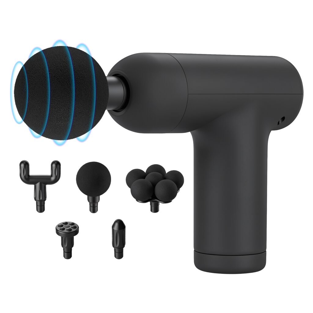 Portable Mini Massage Gun Deep Tissue Percussion Massager with 6 Speeds 5 Interchangeable Massage Heads Muscle Massager for Athletes Office Gym Travel