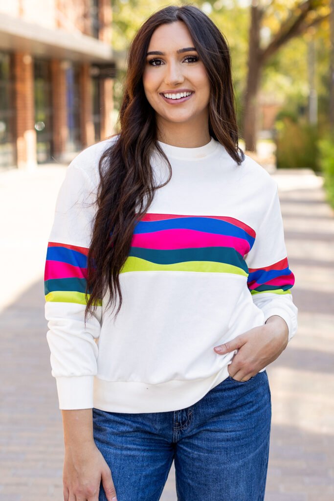 White Colorful Striped Accent Long Sleeve T Shirt White Colorful Striped Accent Long Sleeve T Shirt