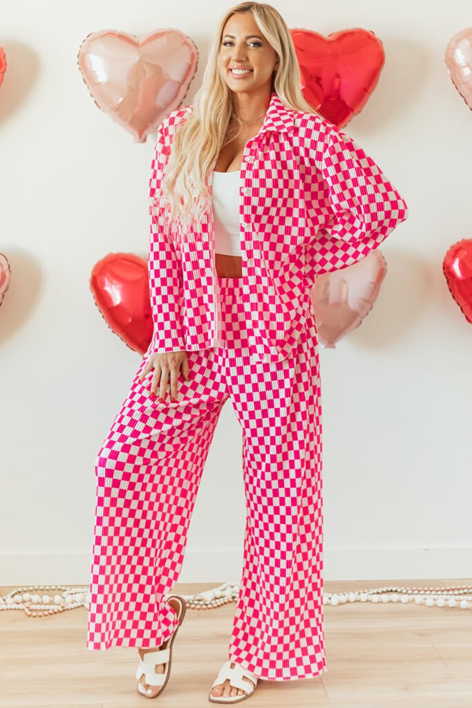Pink Checkered Buttoned Shirt and High Waist Pants Pajama Set Pink Checkered Buttoned Shirt and High Waist Pants Pajama Set